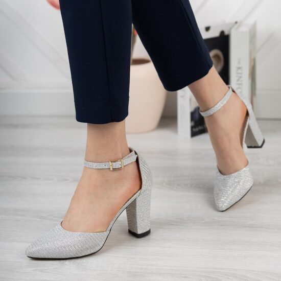 Silver Chunky High Heel Shoes with Ankle Straps for Women RA-062