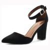 Black Suede Chunky High Heel Shoes with Ankle Straps for Women RA-062