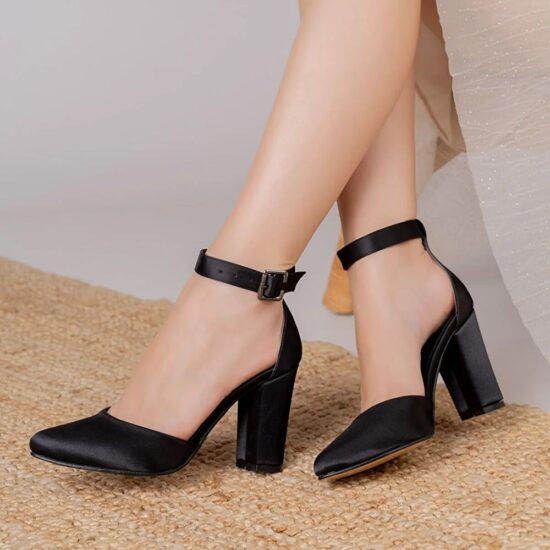 Black Satin Chunky High Heel Shoes with Ankle Straps for Women RA-062