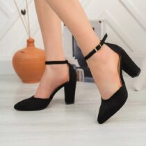 Black Suede Chunky High Heel Shoes with Ankle Straps for Women RA-062