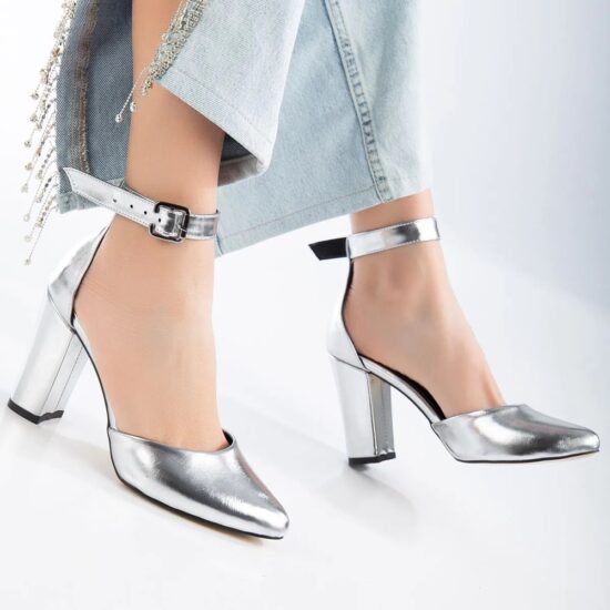 Silver Mirror Chunky High Heel Shoes with Ankle Straps for Women RA-062