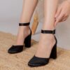 Black Satin Chunky High Heel Shoes with Ankle Straps for Women RA-062