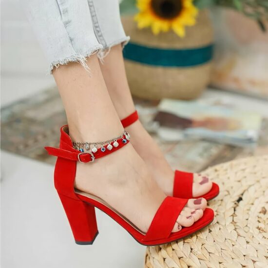 Red Suede Chunky Heel Dress Shoes for Women MA-030
