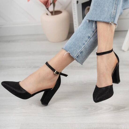 Black Glitter Chunky High Heel Shoes with Ankle Straps for Women RA-062