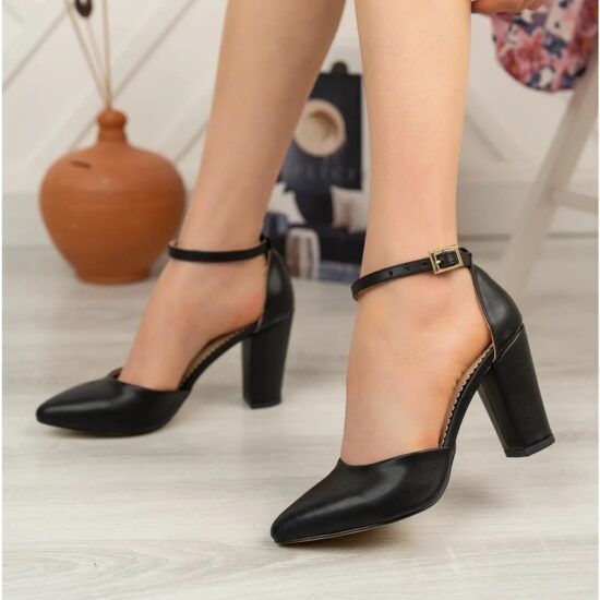 Black Chunky High Heel Shoes with Ankle Straps for Women RA-062