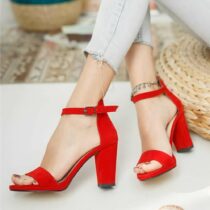 Red Suede Chunky Heel Dress Shoes for Women MA-030