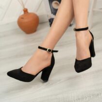 Black Suede Chunky High Heel Shoes with Ankle Straps for Women RA-062