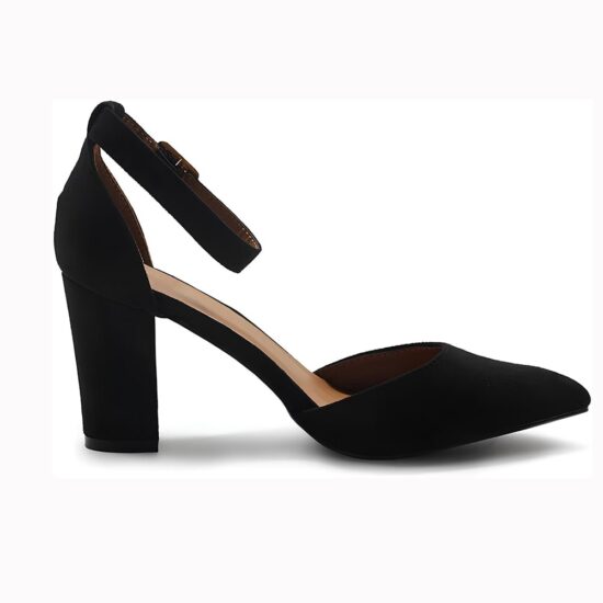 Black Suede Chunky High Heel Shoes with Ankle Straps for Women RA-062