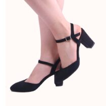 Black Suede Ankle Strap Low Heels for Women RA-145