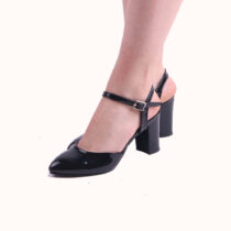 Black Shiny Ankle Strap Low Heels for Women RA-145