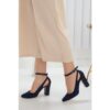 Navy Blue Suede Ankle Strap Women Shoes RA-8030