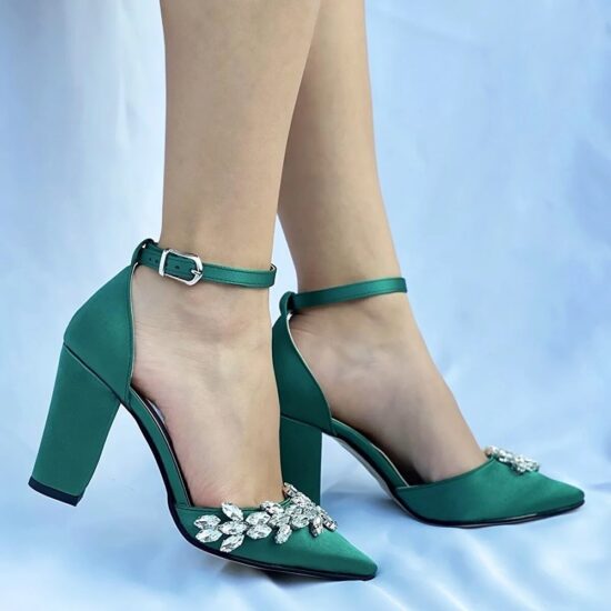 Green Women Heels Shoes with Rhinestone RA-8001