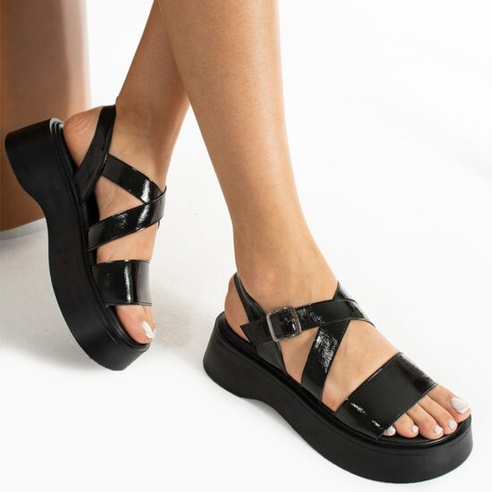 Black Shiny Strappy Sandals for Women TA-03