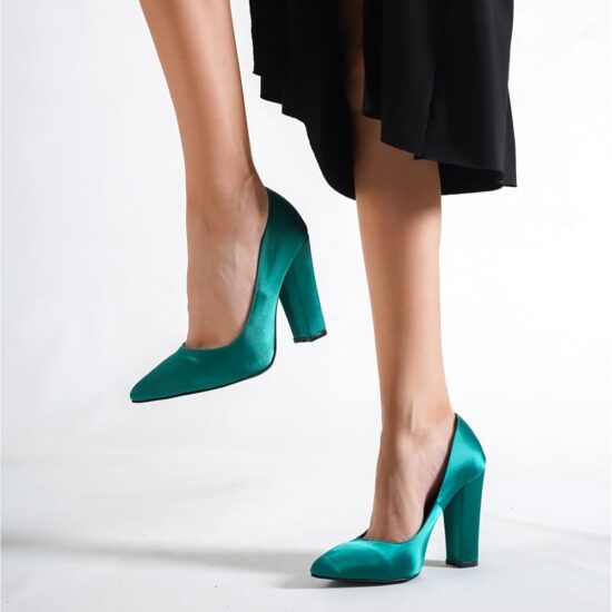 Green Satin Chunky Heel Shoes for Women MA-023