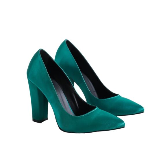 Green Satin Chunky Heel Shoes for Women MA-023