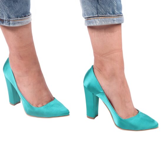 Green Satin Chunky Heel Shoes for Women MA-023