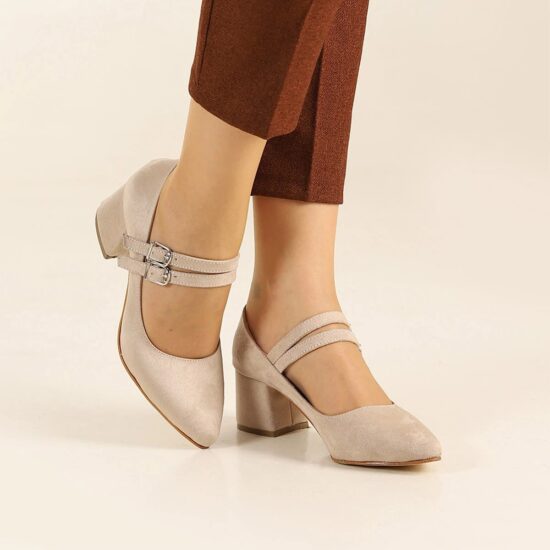 Beige Suede Strappy Low Heels for Women RA-020