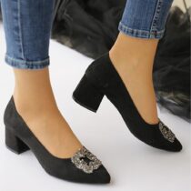 Black Low Heel Wedding Shoes with Pearls RA-1620
