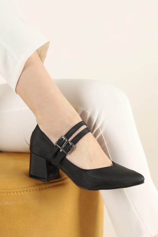 Black Satin Strappy Low Heels for Women RA-020