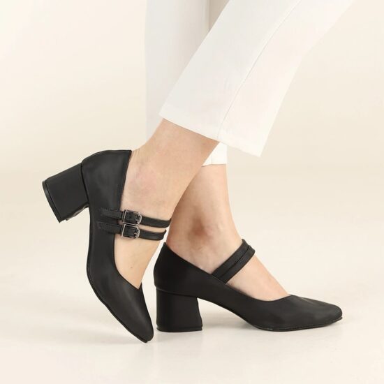 Black Satin Strappy Low Heels for Women RA-020