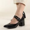 Black Shiny Strappy Low Heels for Women RA-020