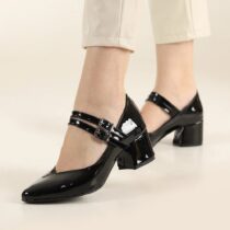 Black Shiny Strappy Low Heels for Women RA-020