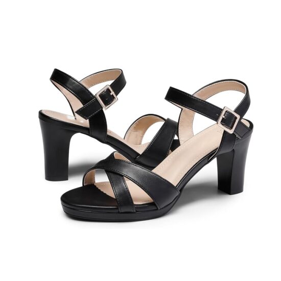 Black Skin Ankle Strap Block Heels for Women RA-160