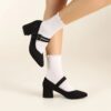 Black Suede Strappy Low Heels for Women RA-020