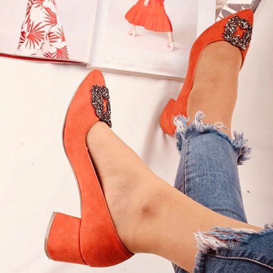 Orange Low Heel Wedding Shoes with Pearls RA-1620