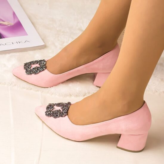 Pink Low Heel Wedding Shoes with Pearls RA-1620