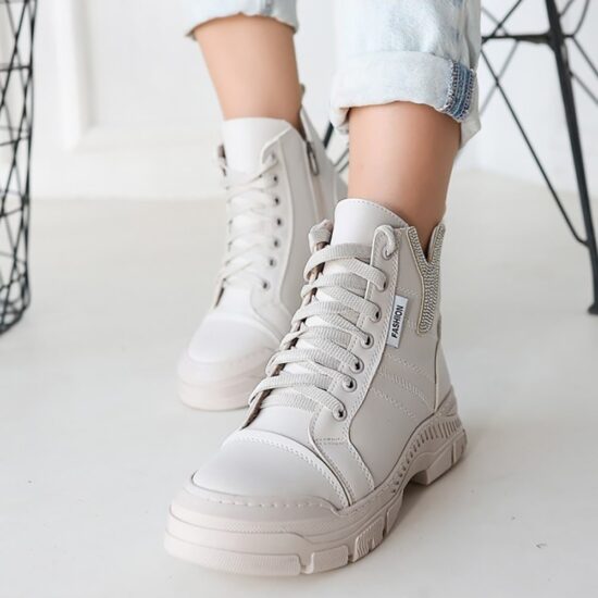 Beige Lace up Ankle Boots for Women Low Heel AL-210