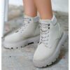 Beige Lace up Boots for Women Low Heel AL-201