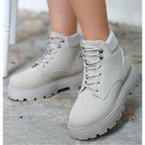 Beige Lace up Boots for Women Low Heel AL-201