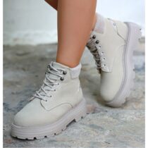 Beige Lace up Boots for Women Low Heel AL-201