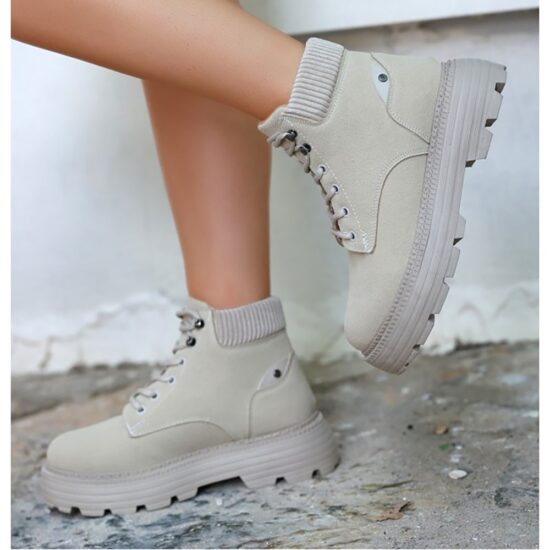 Beige Lace up Boots for Women Low Heel AL-201