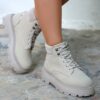 Beige Lace up Boots for Women Low Heel AL-201