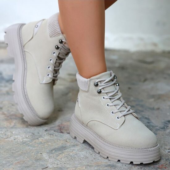 Beige Lace up Boots for Women Low Heel AL-201