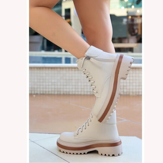 Beige Orthopedic Lace up Boots for Women Knee High AL-206