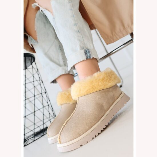 Beige Winter Fur Boots for Women Low Heel AL-219