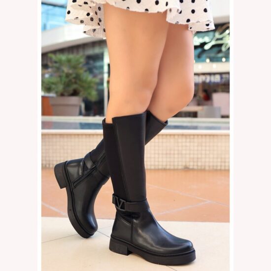 Black Buckle Boots for Women Wide Calf AL-204