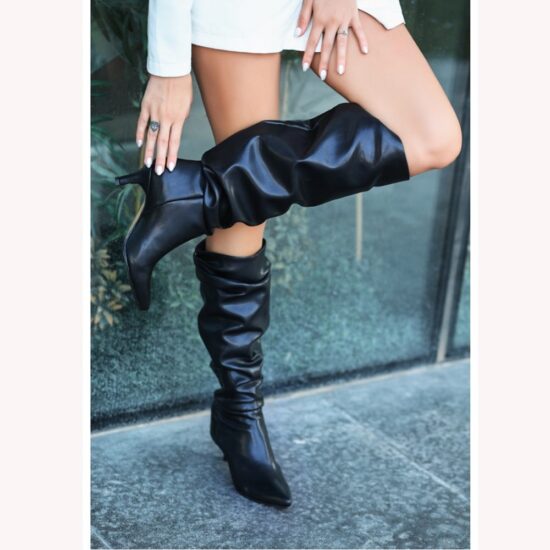 Black Kitten Heel Knee High Boots AL-203