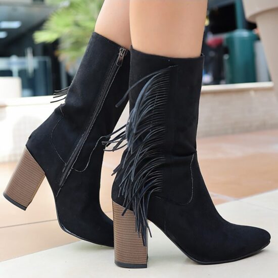 Black Low Heel Boots with Fringes for Women AL-205