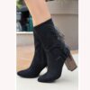 Black Low Heel Boots with Fringes for Women AL-205