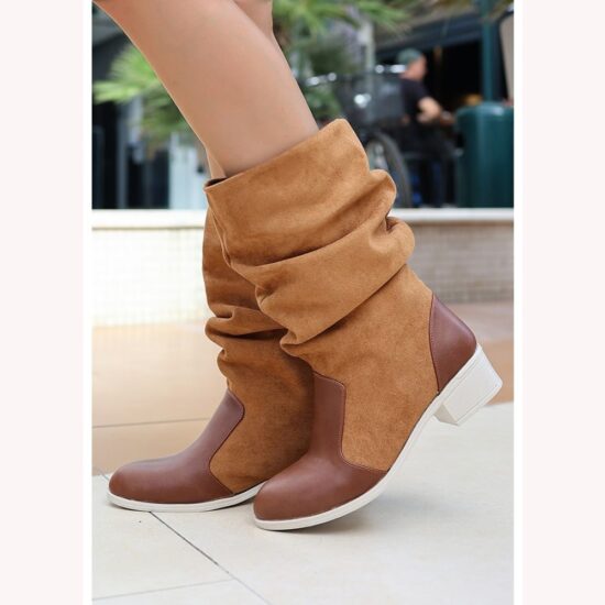 Brown Block Heel Slouchy Boots for Women AL-208