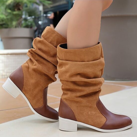 Brown Block Heel Slouchy Boots for Women AL-208