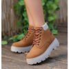 Brown Lace up Boots for Women Low Heel AL-201