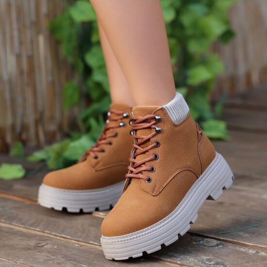 Brown Lace up Boots for Women Low Heel AL-201