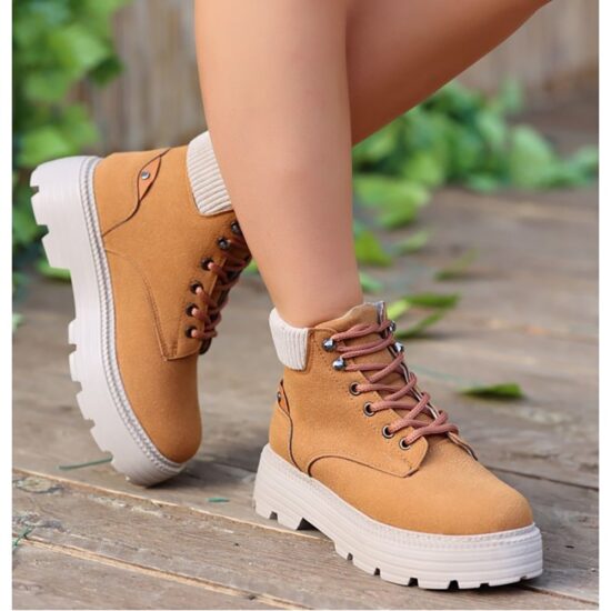 Brown Lace up Boots for Women Low Heel AL-201