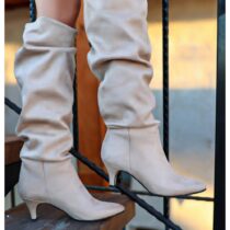 Cream Kitten Heel Knee High Boots AL-203