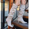 Cream Kitten Heel Knee High Boots AL-203